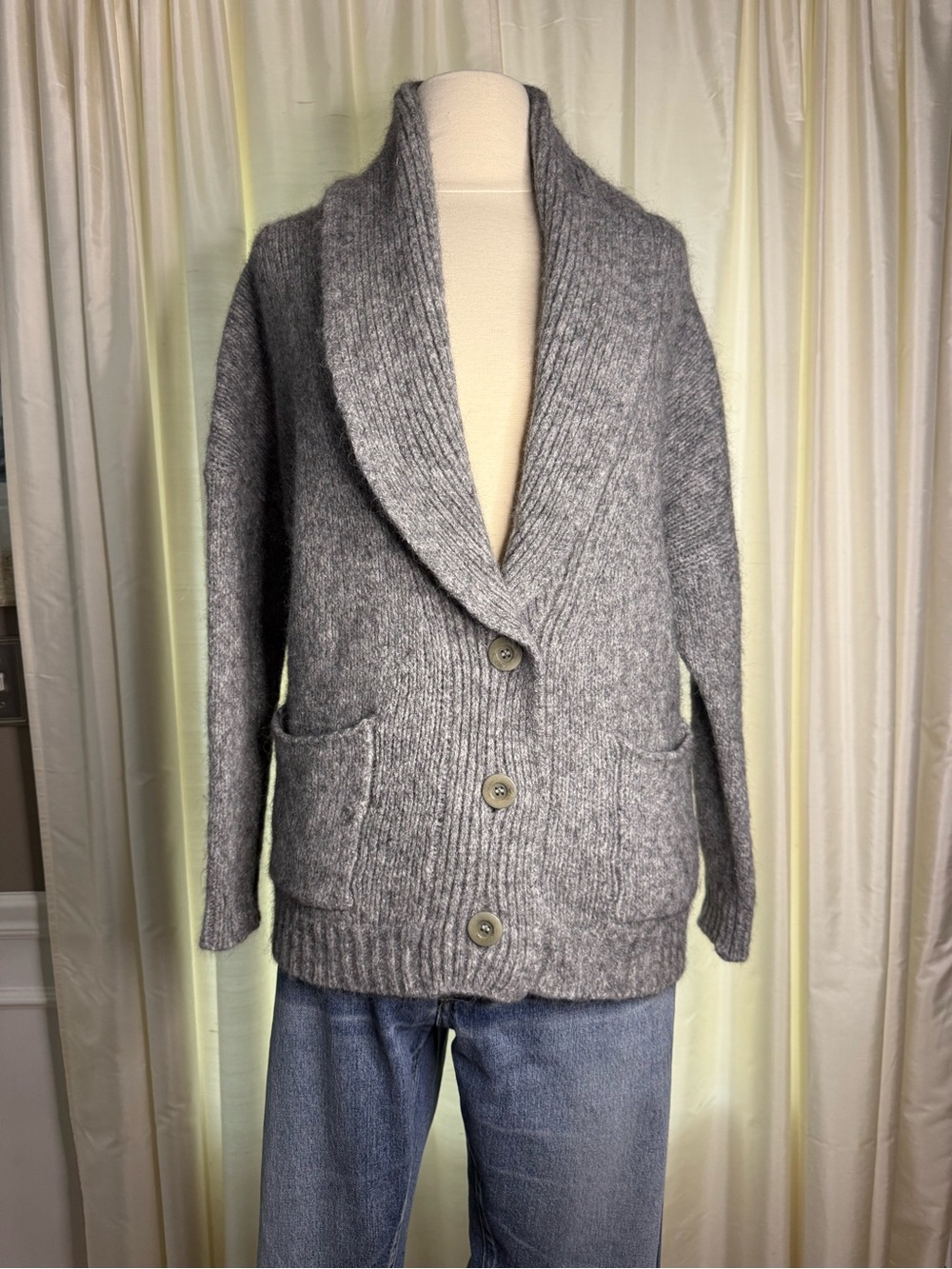 Eileen Fisher Alpaca Blend Cozy Gray Shawl-Collar Cardigan Oversized Sweater - Picture 2 of 10